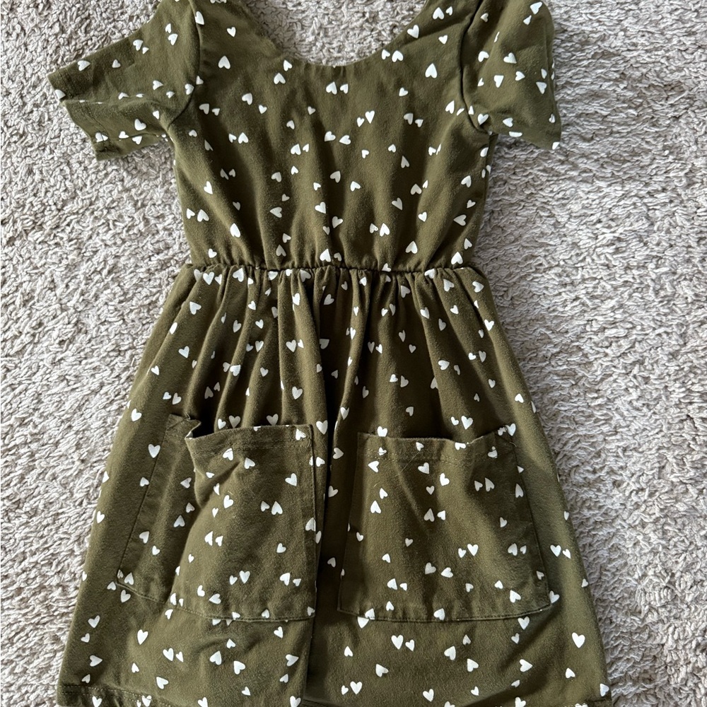 Presley Couture Olive Green Kids Dress with Heart Pattern